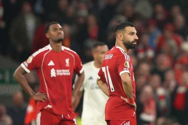 Reaksi pemain Liverpool, Mohamed Salah dalam pertandingan melawan Nottingham Forest di Premier League, Sabtu, 22 November 2025